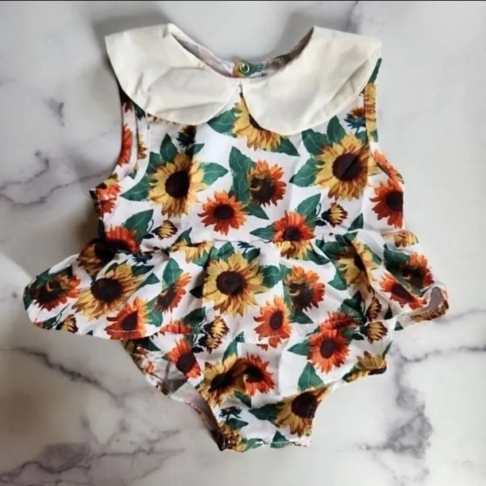 Fall ready sunflower top Peter Pan collar bodysuit & velvet emerald bloomers